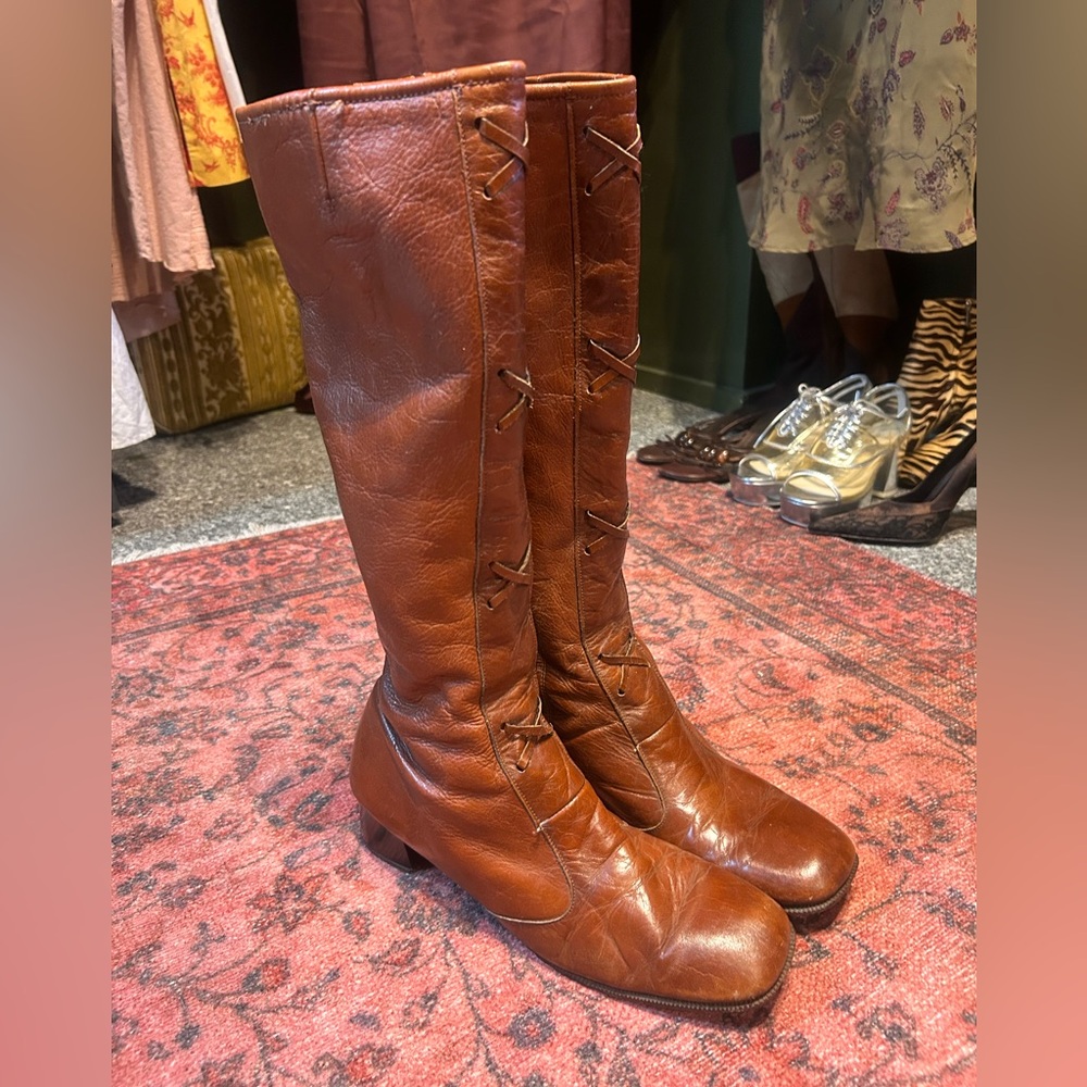 vintage 1970s hippie fairy brown leather flat knee high boots cross lace up